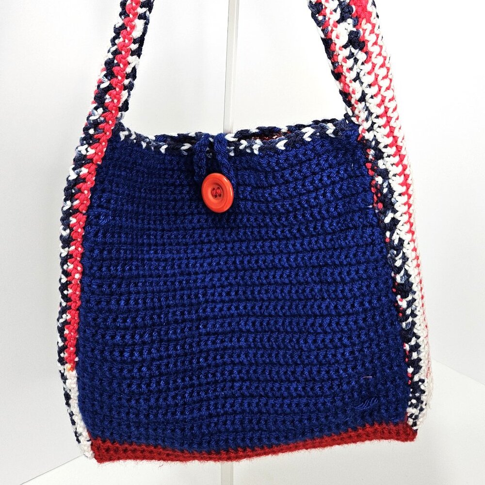Crochet Two Toned  Red and Blue (with white) Small Tote Bag